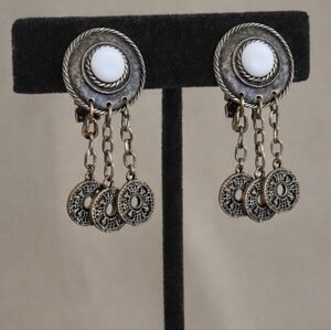 Vintage Silver-Tone Clip-On Dangle Earrings | Boho Medallion Design